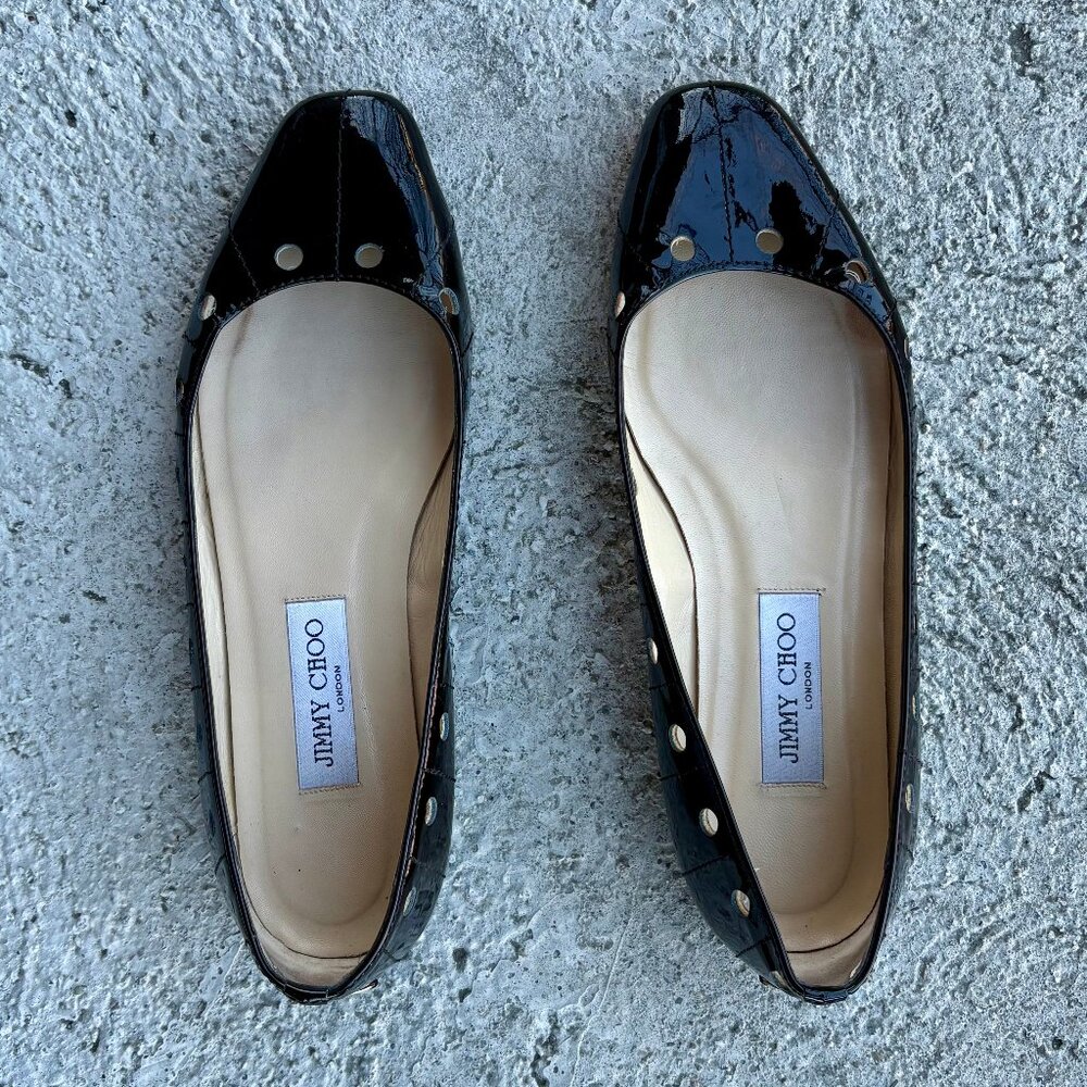 JIMMY CHOO London Size 39 Black Patent Leather Ballet Flats